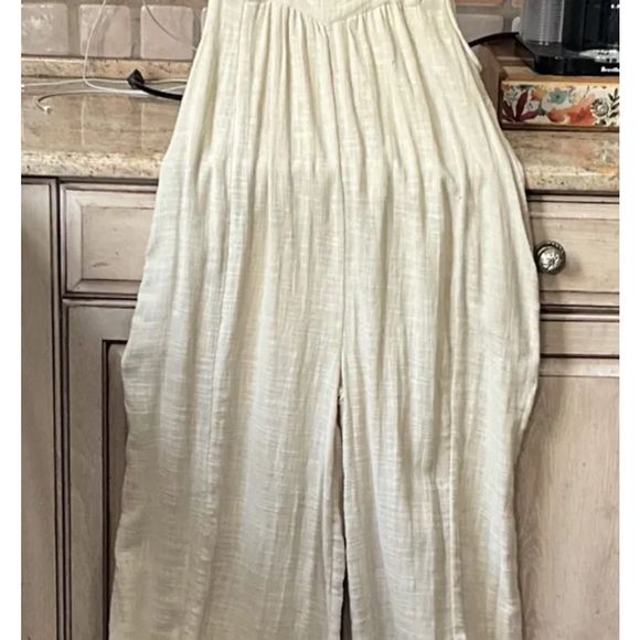Free People Tie Me Up Jumpsuit Wide Leg Tie Shoulder Straps Oatmeal - Picture 5 of 8